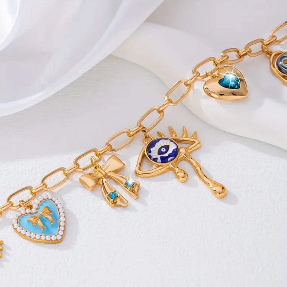 NEW Gold and Blue Charm Necklace with Astrology Pendants Handmade - Picture 5 of 7